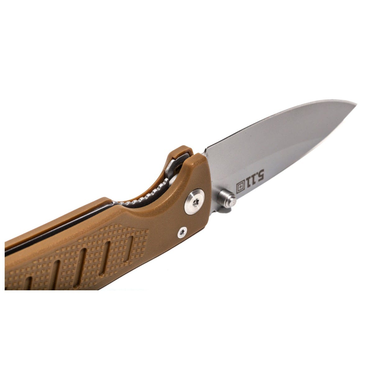 Folding knife with brown handle and silver blade on a white background