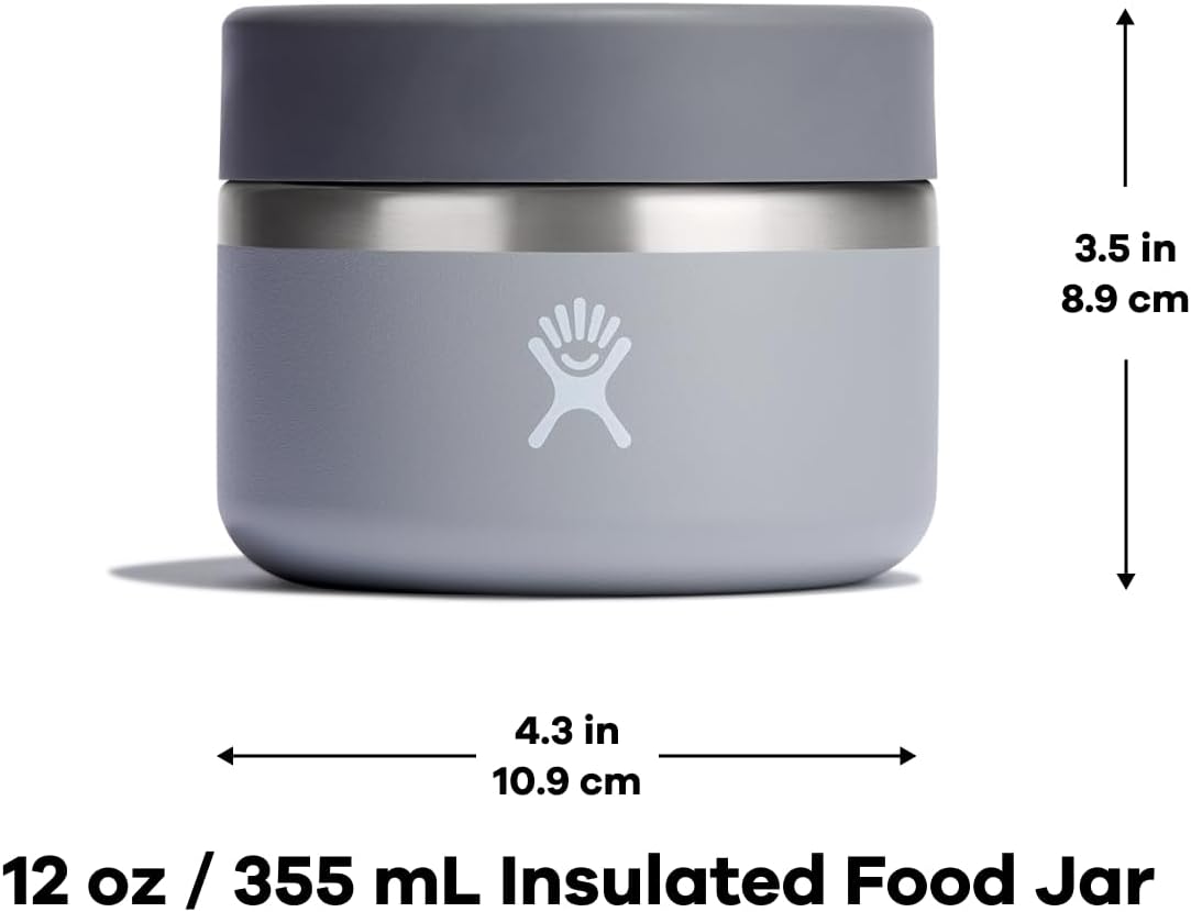 Hydro Flask 12 oz insulated food jar in gray, showcasing dimensions of 4.3 in x 3.5 in for convenient travel and meal storage.