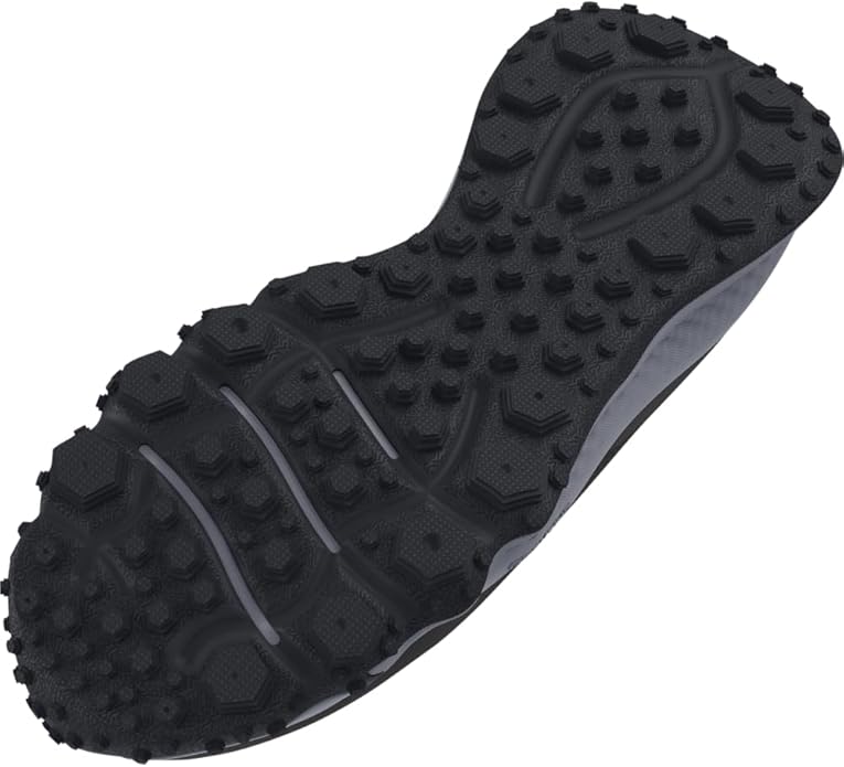 Close-up of a black shoe sole with tread pattern on a white background