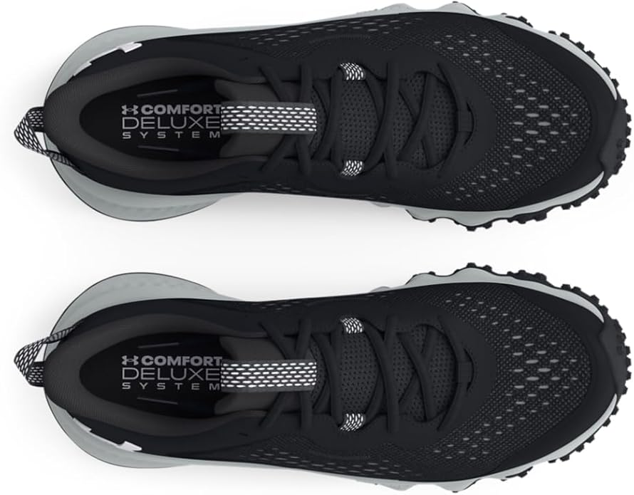 Black running shoes with 'Comfort Deluxe System' label on a white background