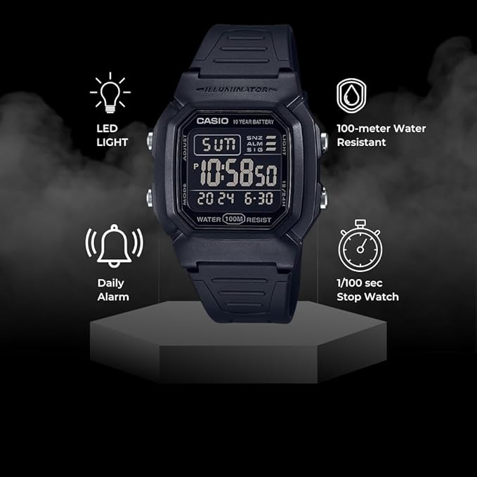 Casio Classic Digital Watch with Blackout Dial, Dual Time & 5 Alarms W800H-1BV