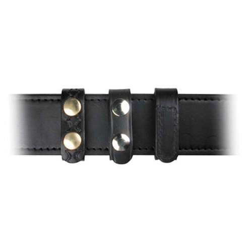 Boston Leather 3/4 Belt Keeper with solid brass snaps on a duty belt, showcasing top grain leather craftsmanship.