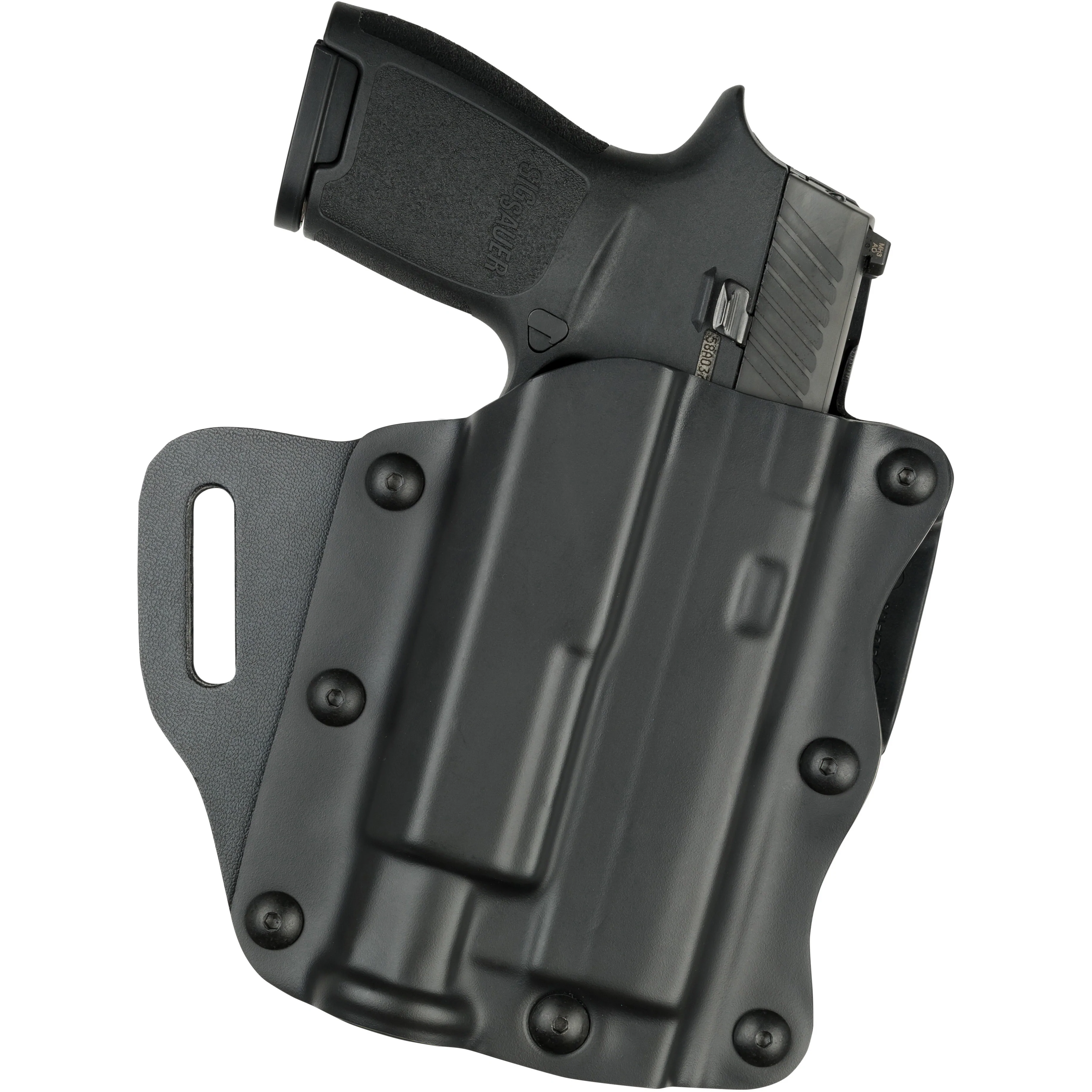 Safariland Model 557 Open-Top Belt Slide Holster for Sig Sauer P320 with mounted light, offering secure concealment.