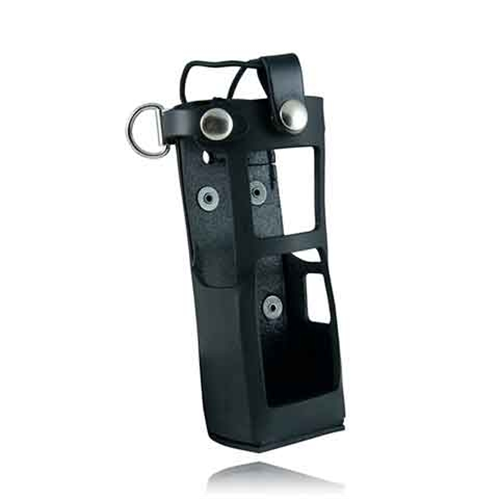 Boston Leather Radio Holder for Motorola APX7000, featuring durable top grain leather and secure D-ring attachments.