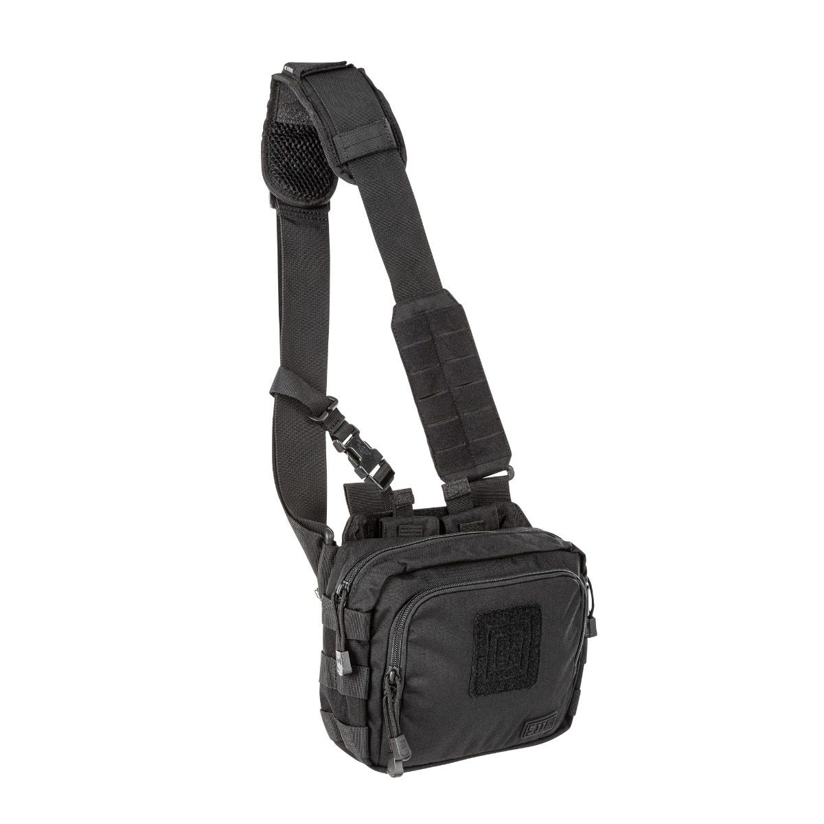 Black tactical shoulder bag with visible brand logo on a white background