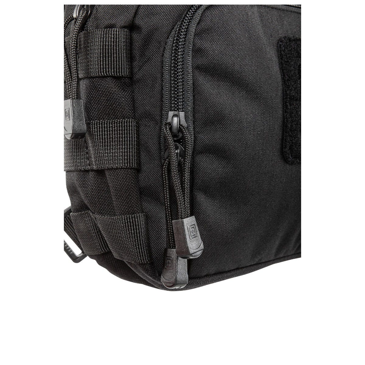 Black tactical pouch with multiple straps and zippers on a white background