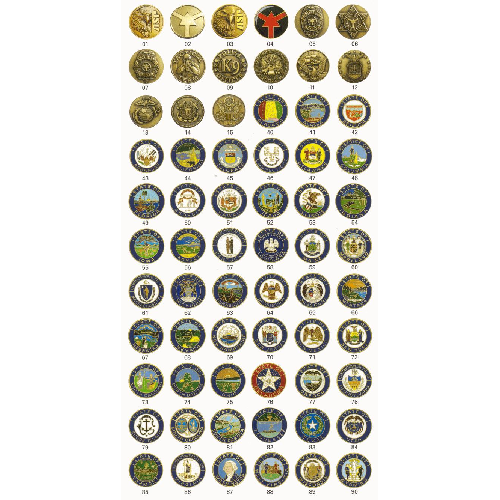 Collection of various die-struck medallions displayed in rows, showcasing different insignias and colors.