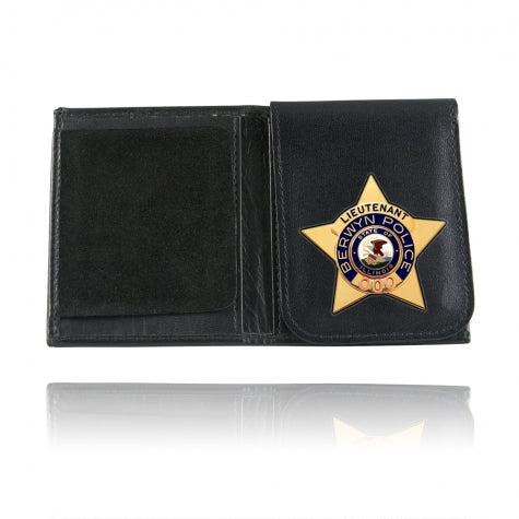 Boston Leather Book Style Badge Case displaying a Berwyn Police badge, featuring a flip-out flap and suede protection.
