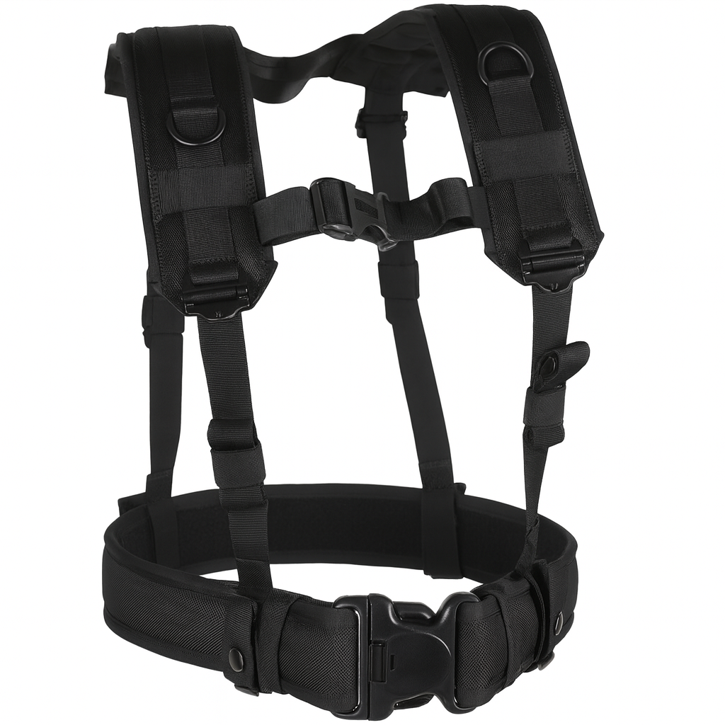 Black tactical harness on a white background