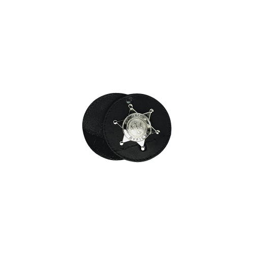 Boston Leather Circle Badge Holder with Hook and Loop Closure, features a star badge and pin-in holes. Ideal for easy badge placement.