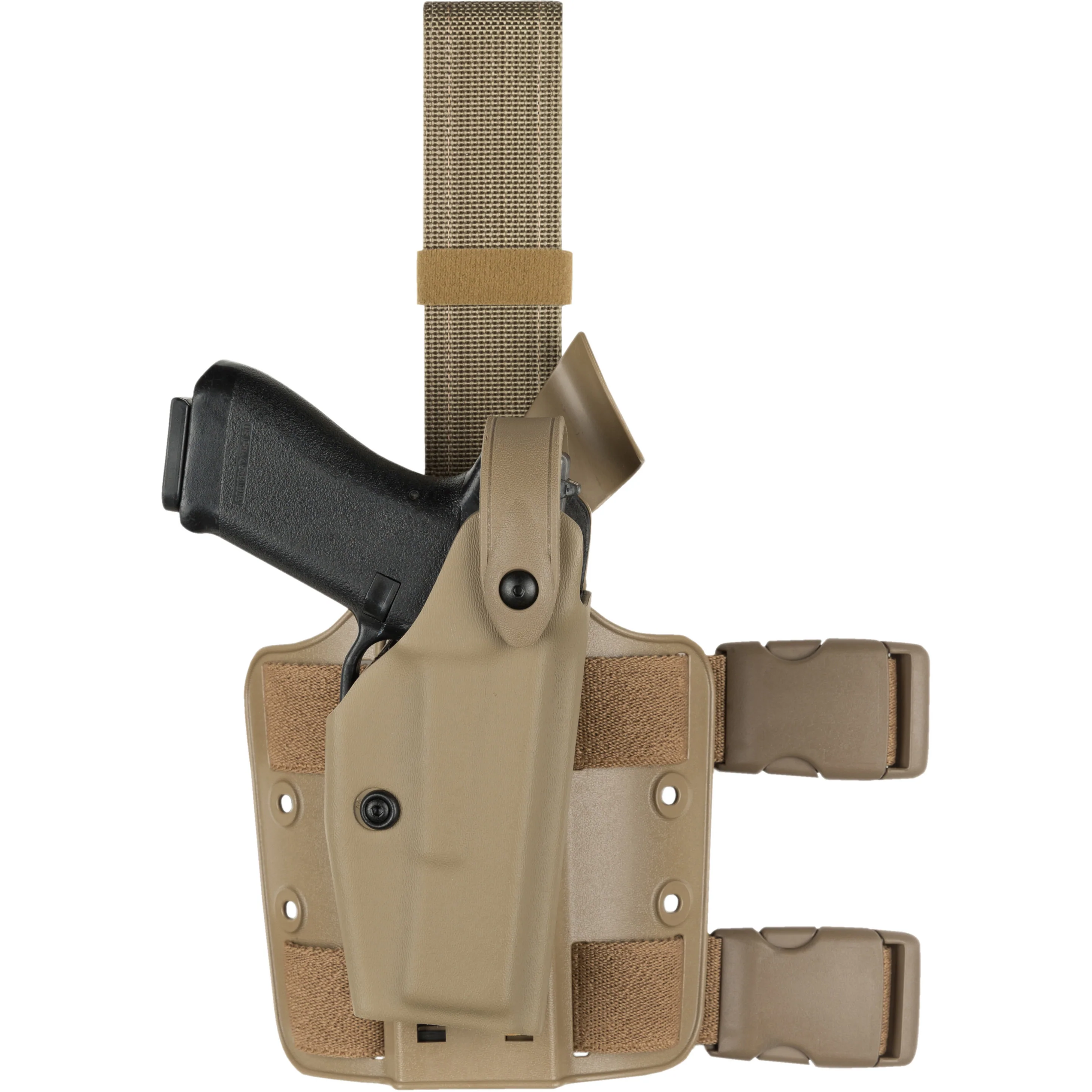 Safariland Model 6004 SLS Tactical Holster in tan color, designed for Beretta 96 Centurion, showcasing the SLS rotating hood system.