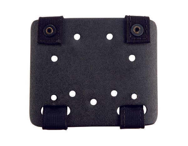 Safariland Model 6004-8 Small Molle Adapter Plate for attaching holsters to MOLLE looped vests, featuring mounting holes and straps.