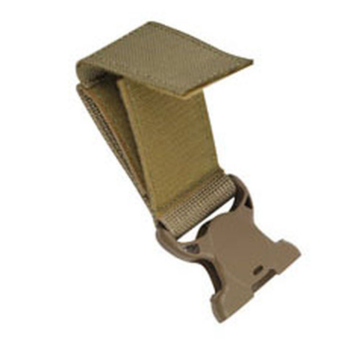 Safariland Model 6005VE quick-release buckle with enhanced hook and loop attachment for tactical leg shrouds.