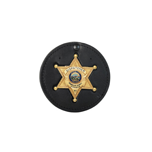 Boston Leather black recessed badge holder showcasing a gold star sheriff badge for dispatchers.