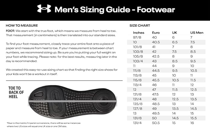 Men's sizing guide for footwear with a size chart and foot measurement instructions.