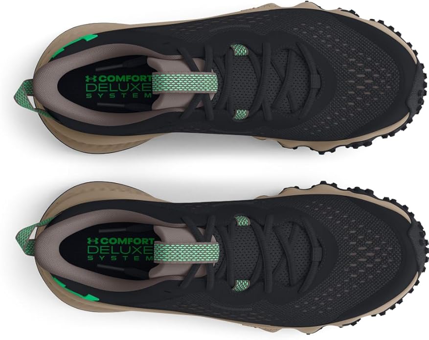 Black and beige running shoes with 'Comfort Deluxe' system label on a white background