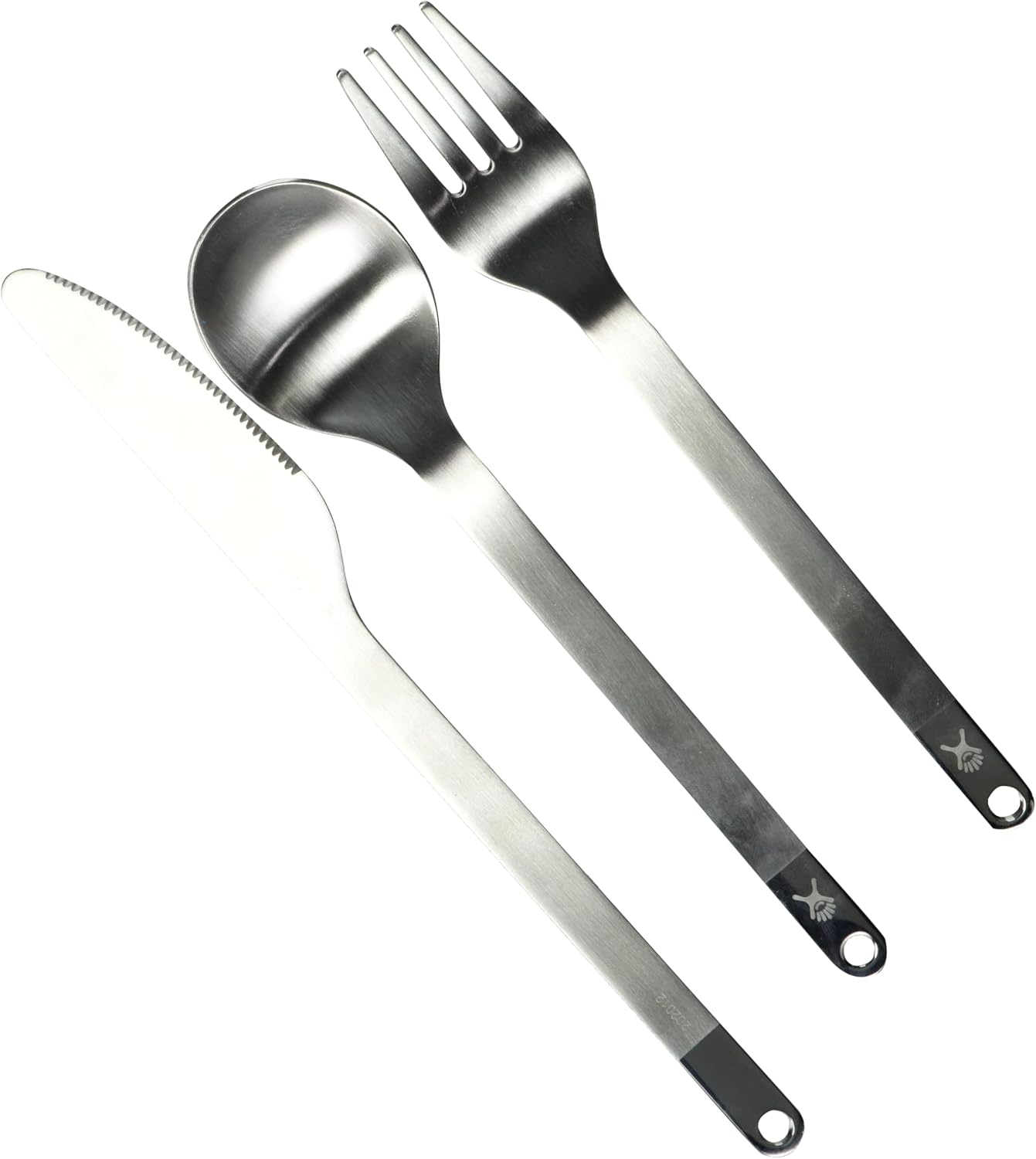 Hydro Flask stainless flatware set including knife, fork, and spoon for outdoor dining convenience.