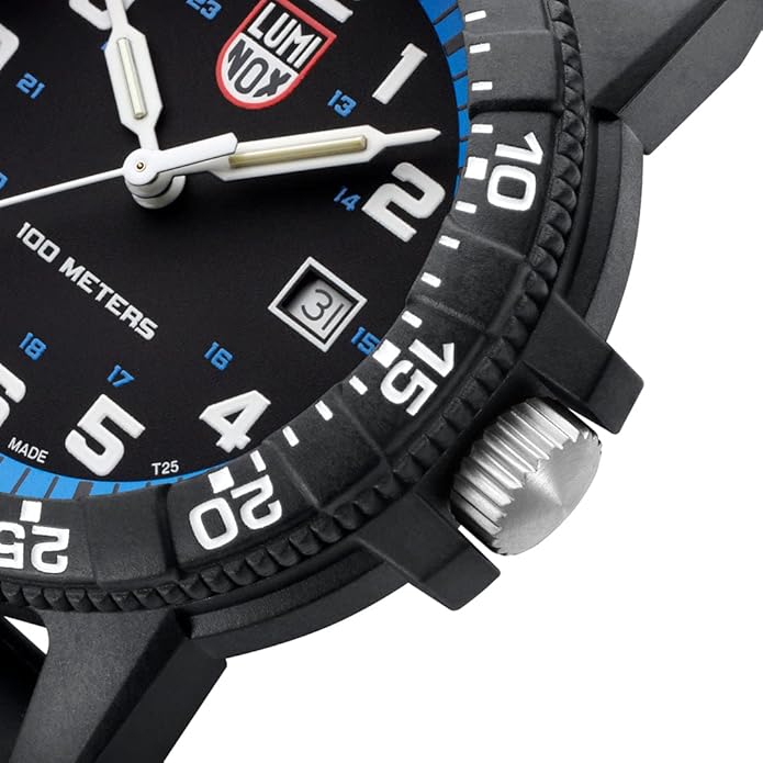 Extreme close up of watch face Luminox Leatherback Sea Turtle Giant Outdoor Watch 0337 with CARBONOX case, NATO or PU strap