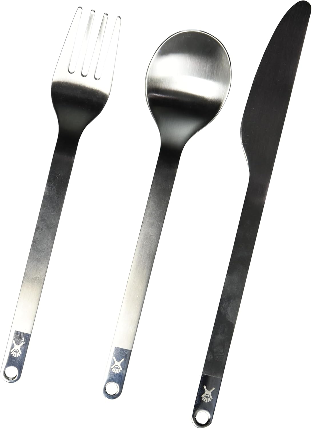 Hydro Flask stainless flatware set with fork, spoon, and knife for outdoor dining convenience. Durable and portable design.