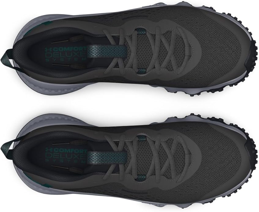 Black and gray athletic shoes with 'Comfort Deluxe' branding on a white background