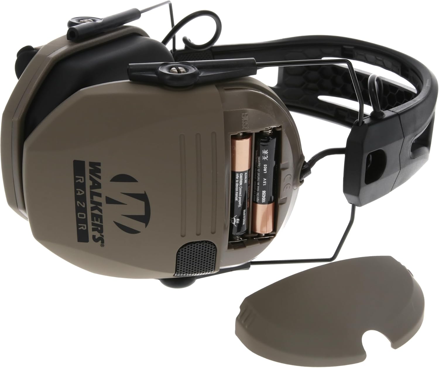 Brown electronic hearing protection headset with batteries on a white background