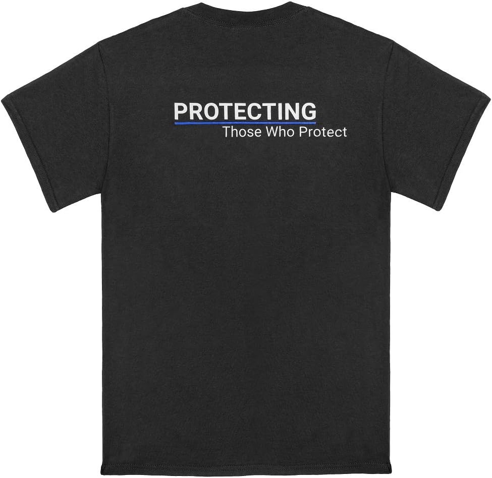 Black t-shirt with 'PROTECTING Those Who Protect' text on the back against a white background