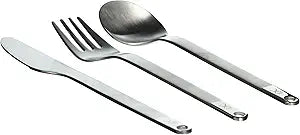 Hydro Flask stainless flatware set including knife, fork, and spoon for outdoor dining convenience.