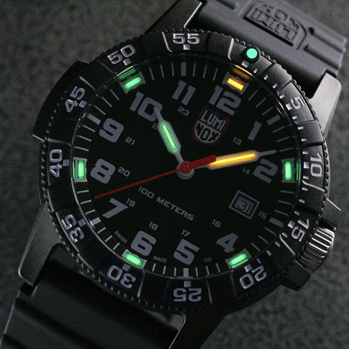 Front dial showing glow in the dark face Luminox Leatherback Sea Turtle Giant Outdoor Watch 0337 with CARBONOX case, NATO or PU strap