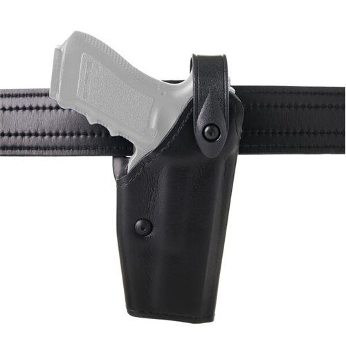 Safariland Model 6280 SLS Mid-Ride Holster displayed with Glock 34 secured in a black duty belt holster.