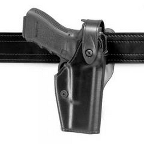 Safariland Model 6280 SLS Mid-Ride Holster secured on a belt with a Glock 17, showcasing its sleek design and retention system.