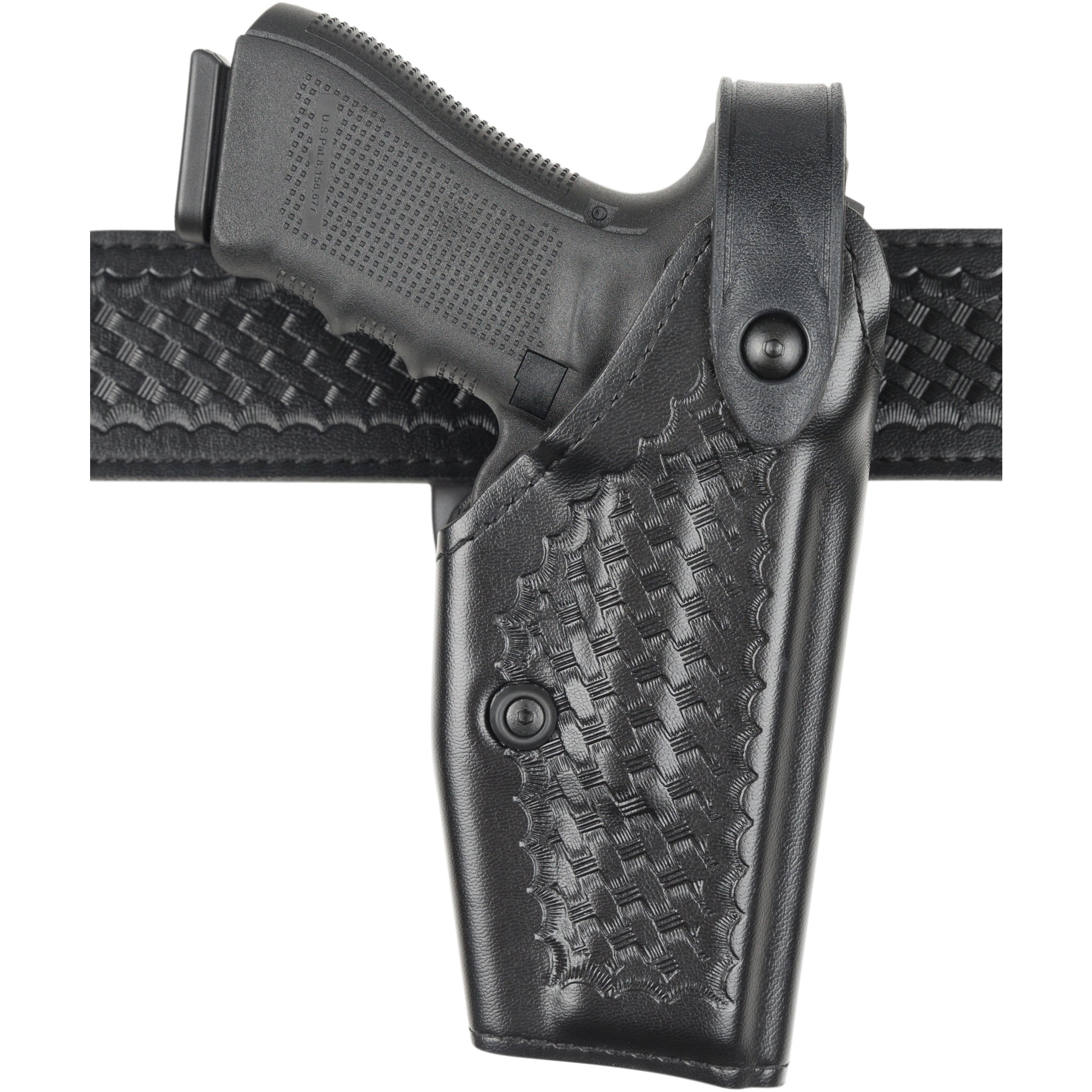 Safariland Model 6280 SLS Mid-Ride Duty Holster with H&K USP 9, featuring textured leather design and secure retention system.
