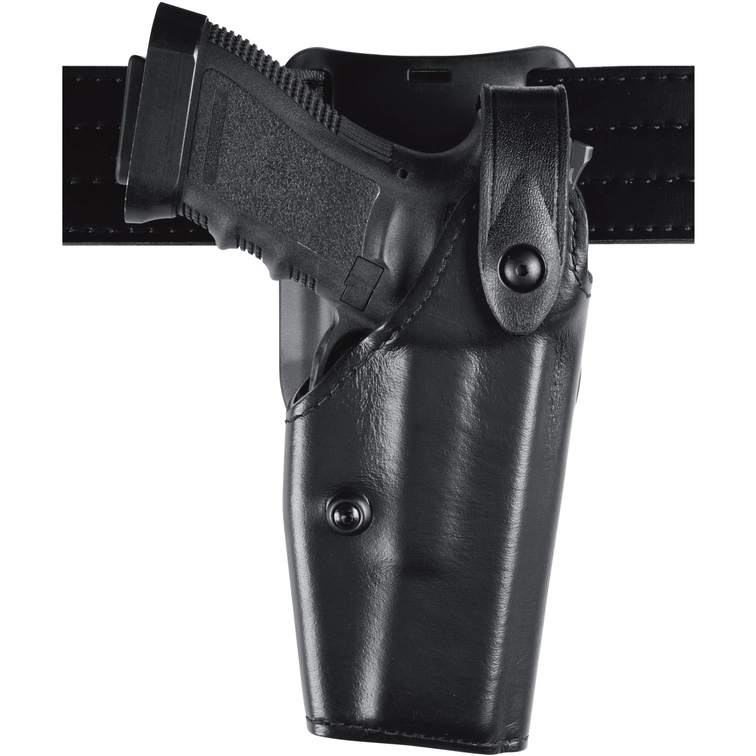 Safariland Model 6285 SLS low-ride duty holster for Glock 19 with SureFire Light, showcasing secure retention design.