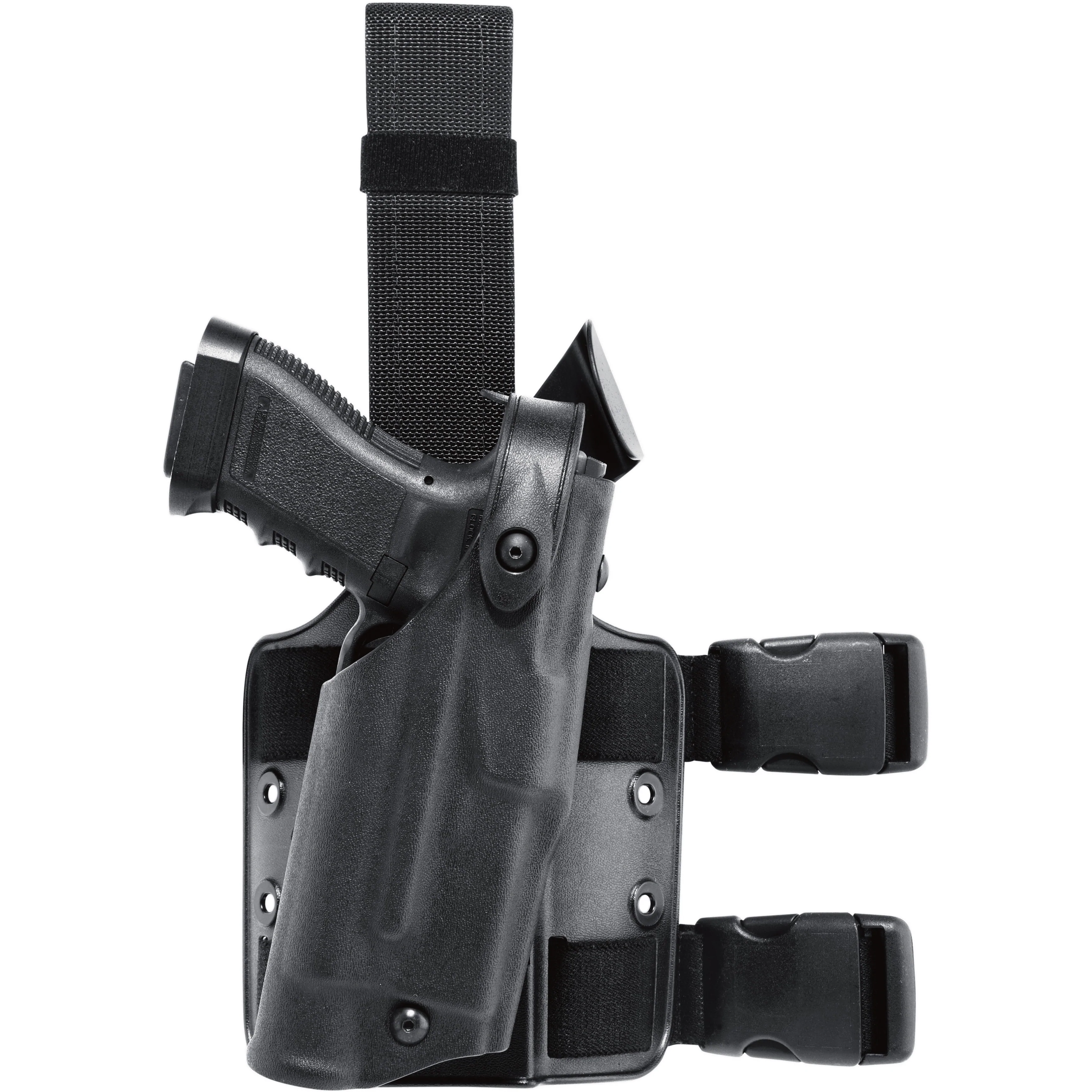 Safariland Model 6304 ALS/SLS Tactical Holster for Glock 17 with Light, showcasing secure fit and dual locking systems.