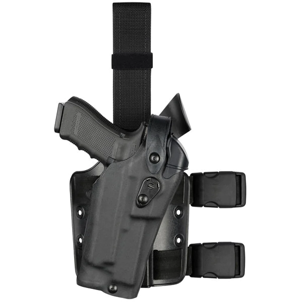 Safariland Model 6304RDS ALS/SLS Drop-Rig Tactical Holster for Glock 19 MOS with Light in black color.