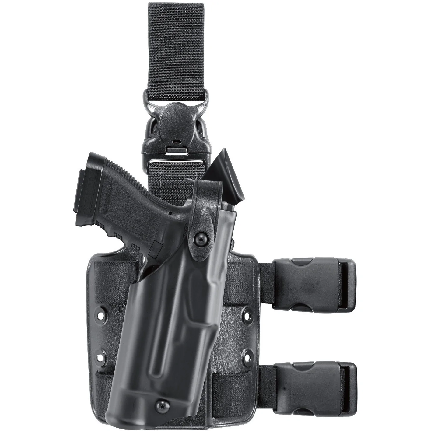 Safariland Model 6305 tactical holster with quick-release leg strap and Sig Sauer P250 securely locked in place.