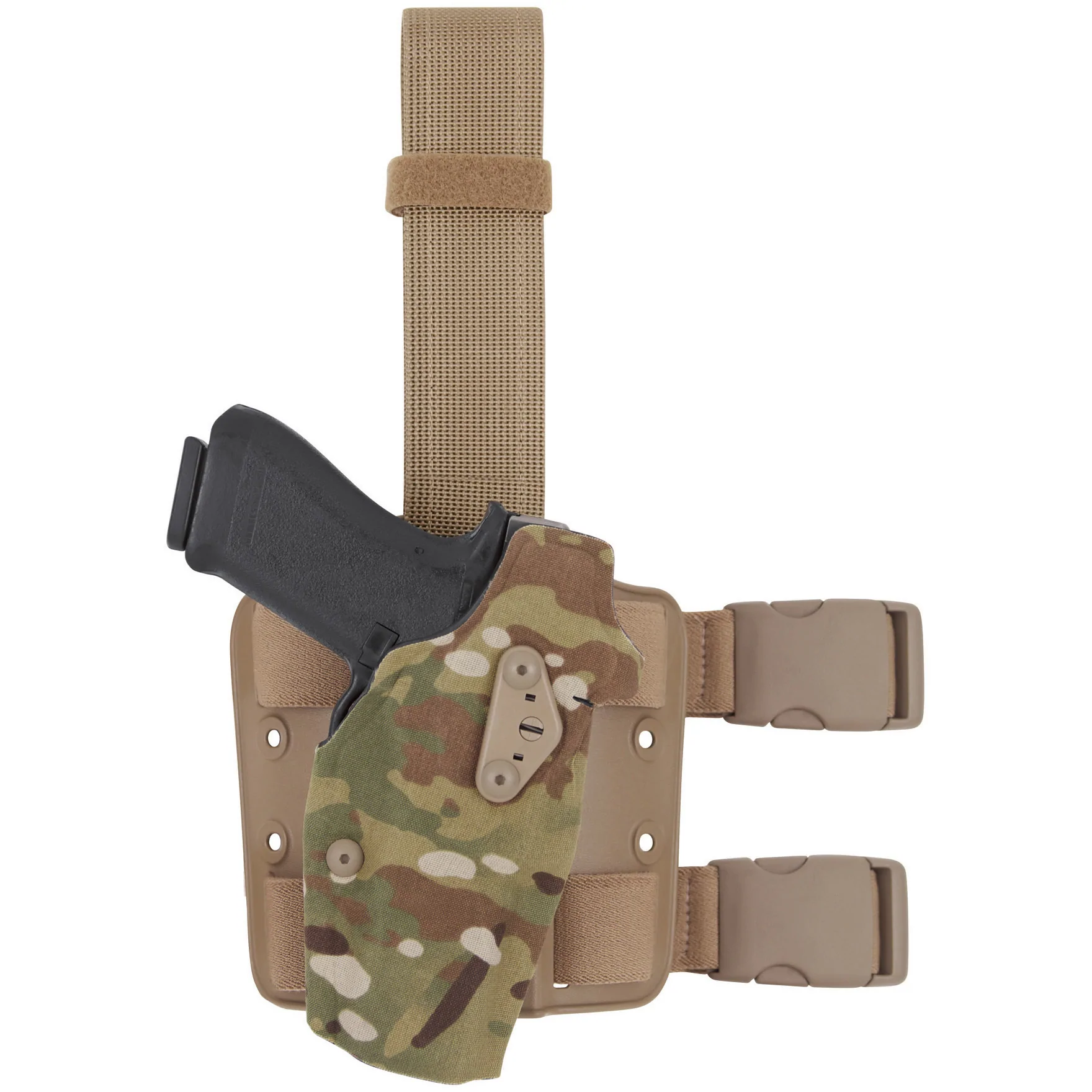 Safariland Model 6354DO tactical holster for Glock 34 with light, featuring camouflage and double leg strap design.