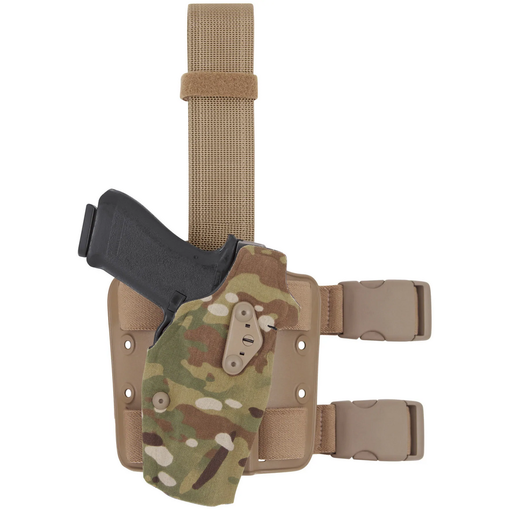 Safariland Model 6354DO ALS Optic Tactical Holster in Multicam for Glock 34 with double leg straps and Cordura finish.