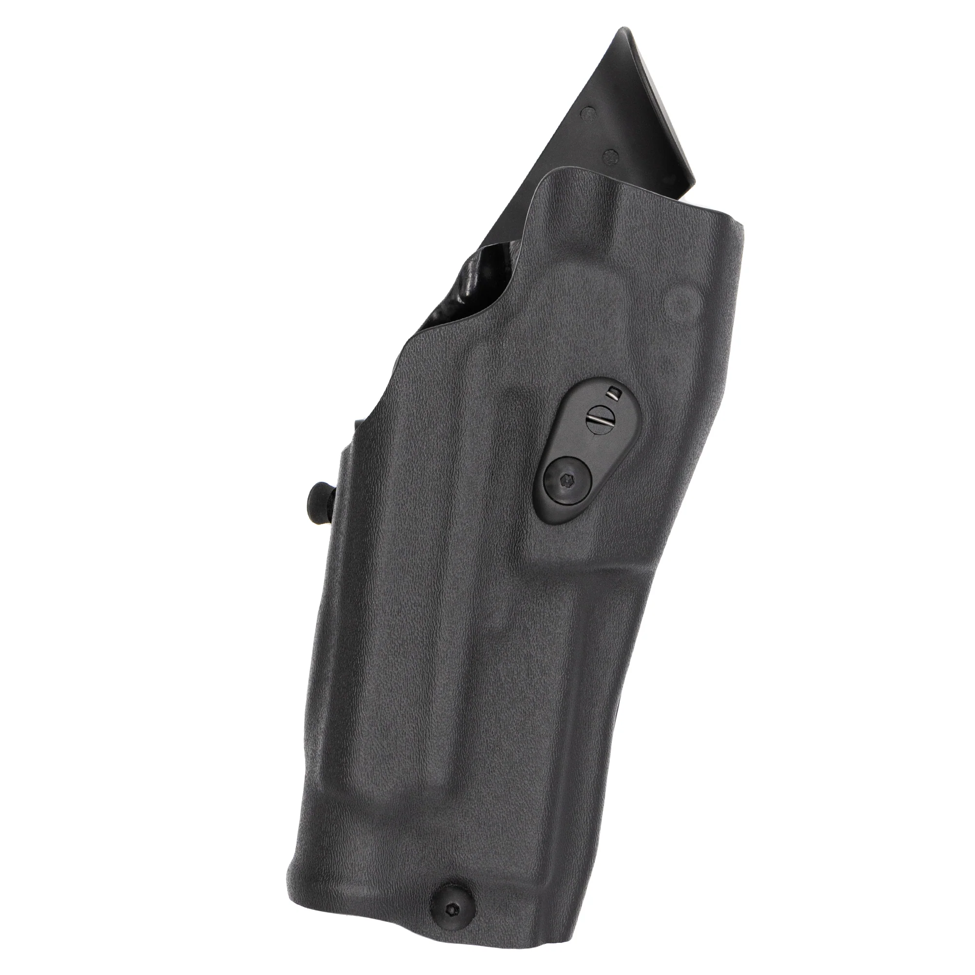 Safariland Model 6354RDSO ALS Holster with QLS19 Fork for Glock 19 MOS, showcasing side view and securing mechanism.