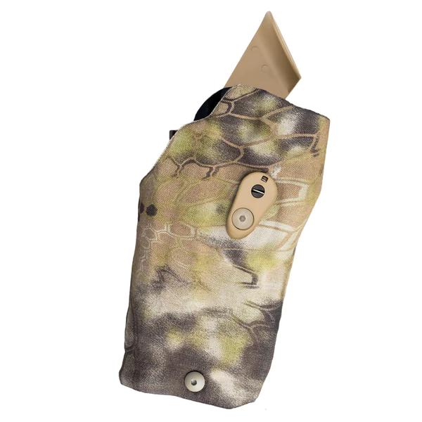 Safariland holster in camouflage pattern designed for secure firearm storage and accessibility.