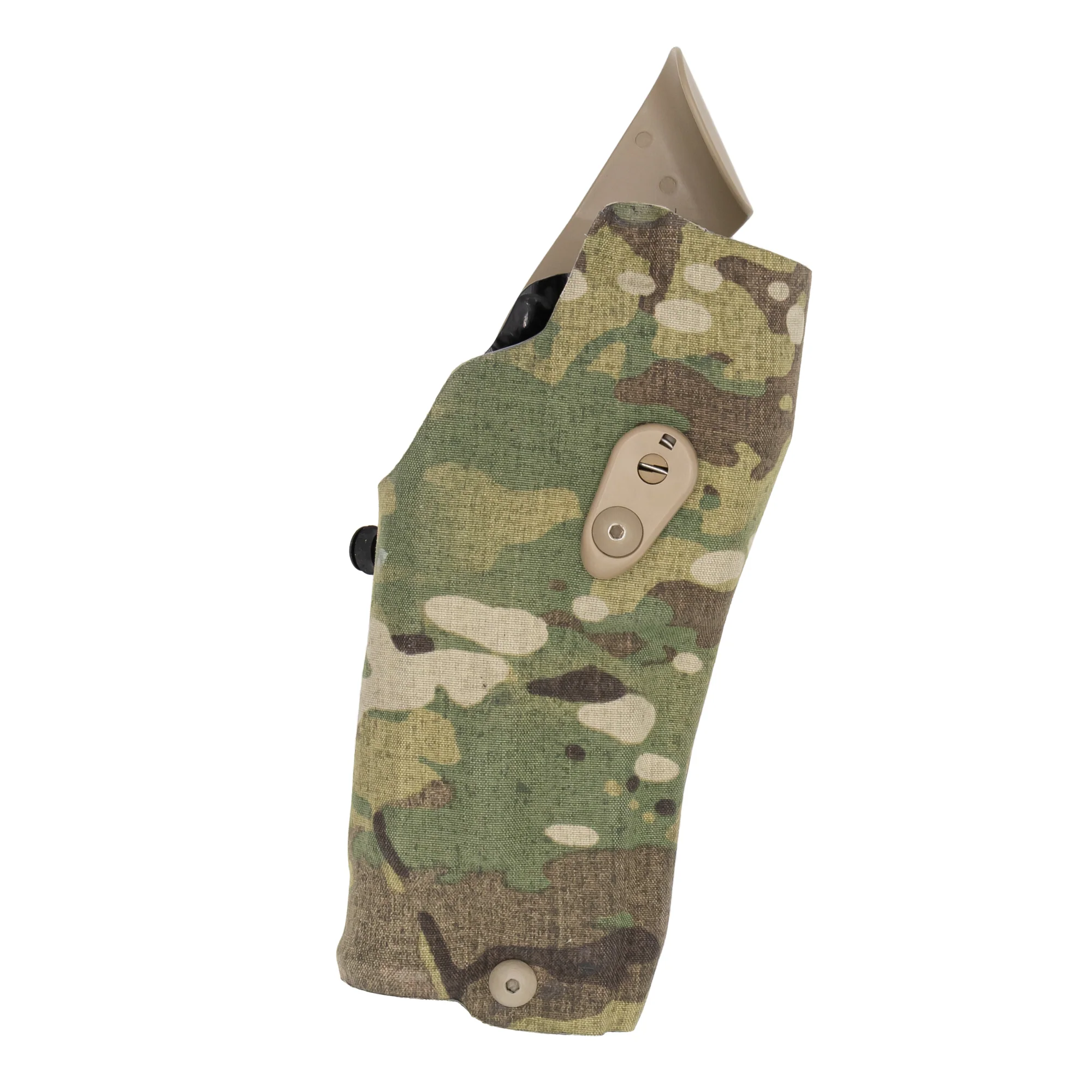 Safariland Model 6354RDSO ALS Holster in camo pattern for Sig Sauer P320 RX, featuring QLS19 fork and secure design.