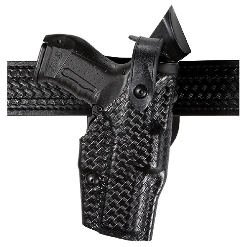 Safariland Model 6360 ALS/SLS Mid-Ride Holster displaying Smith & Wesson M&P 9 on a black belt. Level III retention design.