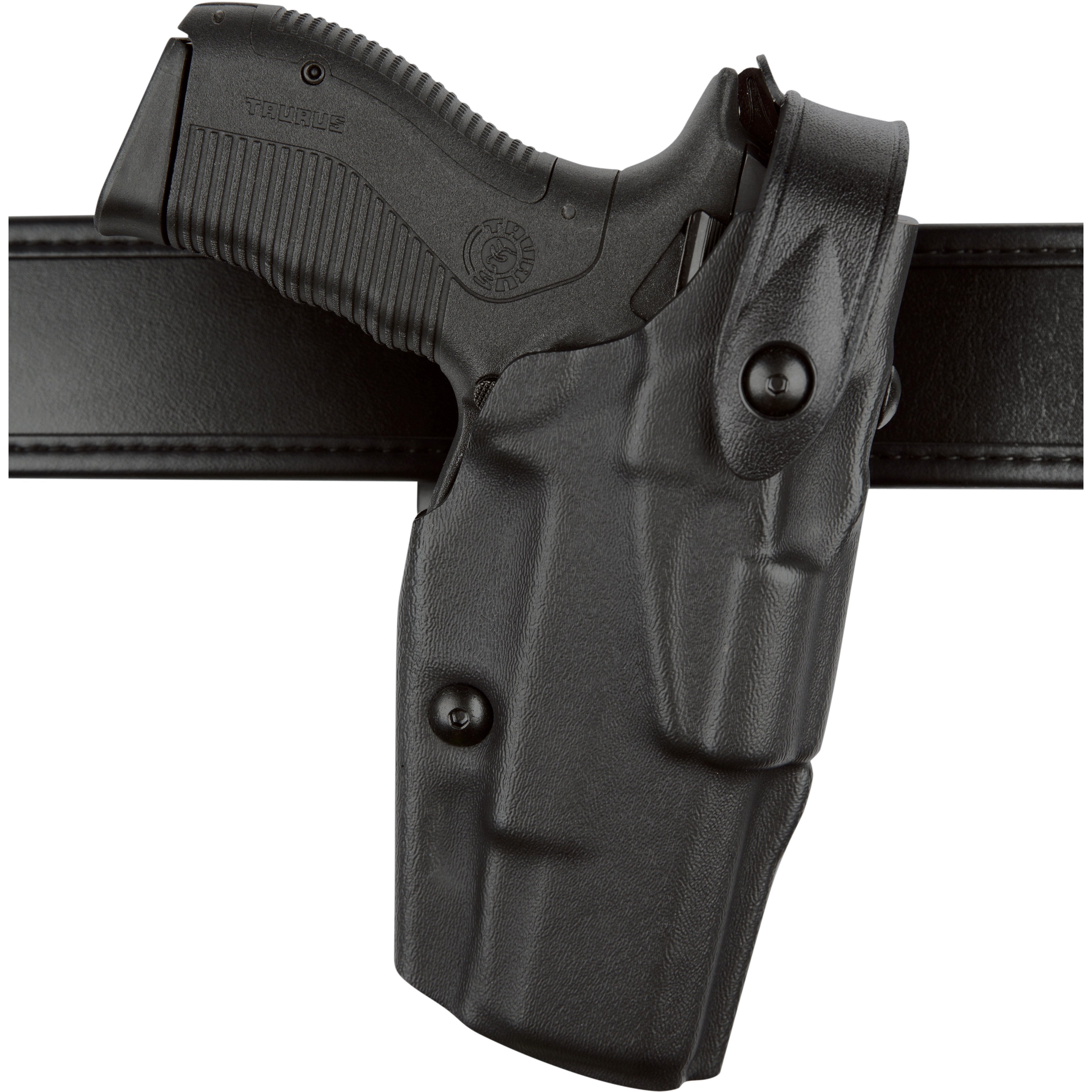 Safariland Model 6360 ALS/SLS Mid-Ride holster for Glock 19 mounted on a duty belt, showcasing Level III retention.