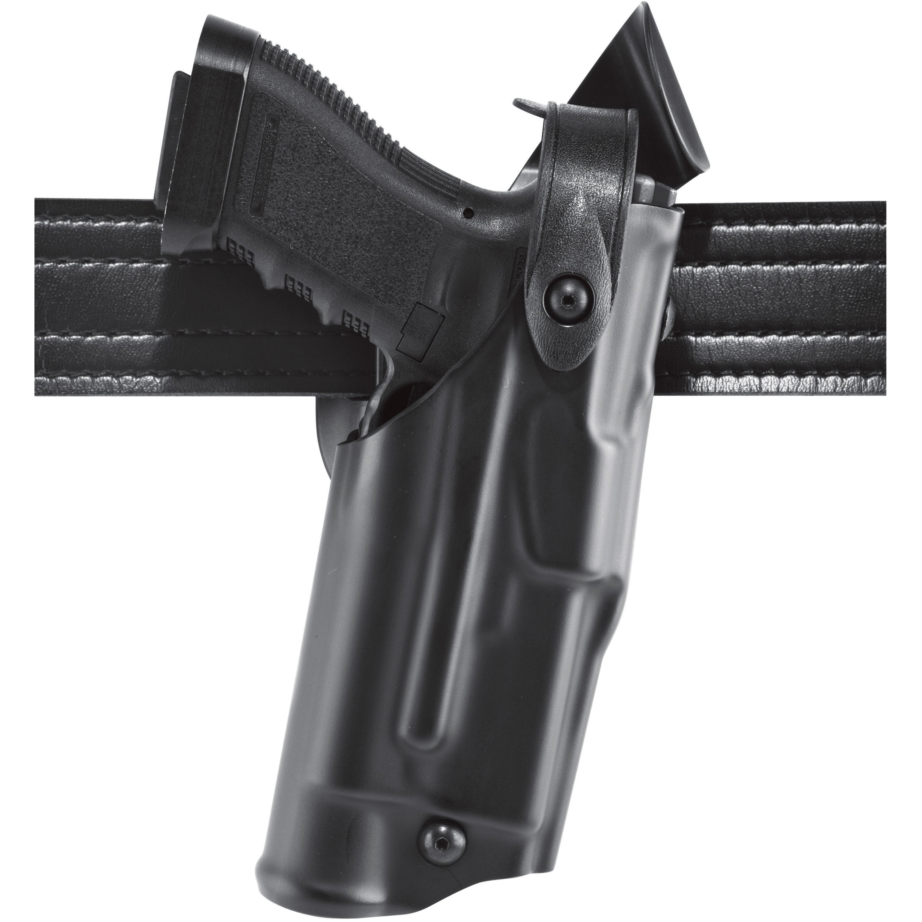 Safariland Model 6360 ALS/SLS mid-ride duty holster securely holding a Glock 22 Gen 5 on a belt.