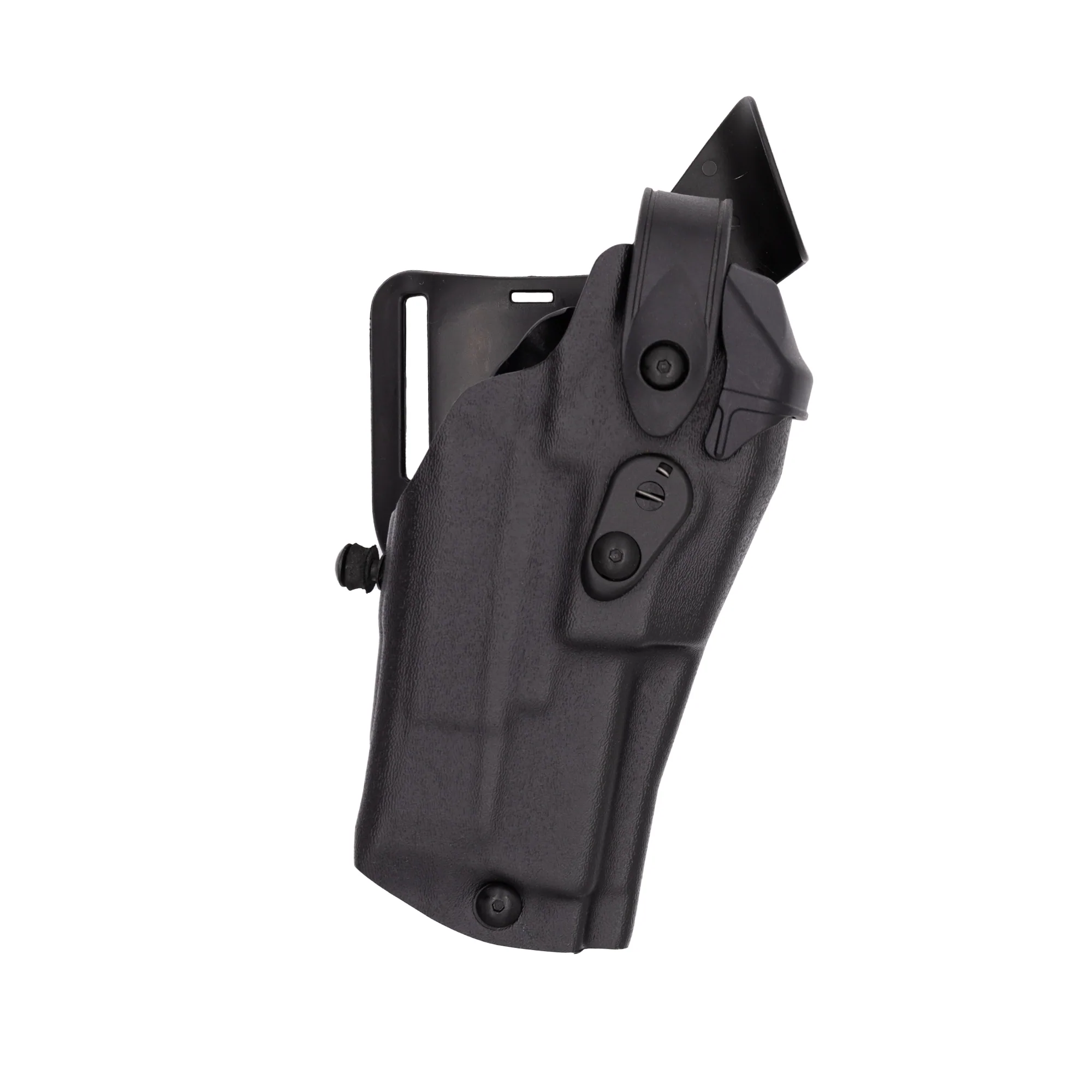 Safariland Model 6360RDS ALS/SLS Mid-Ride Duty Holster for Sig Sauer P320 RX 9 with light, showing secure retention design.