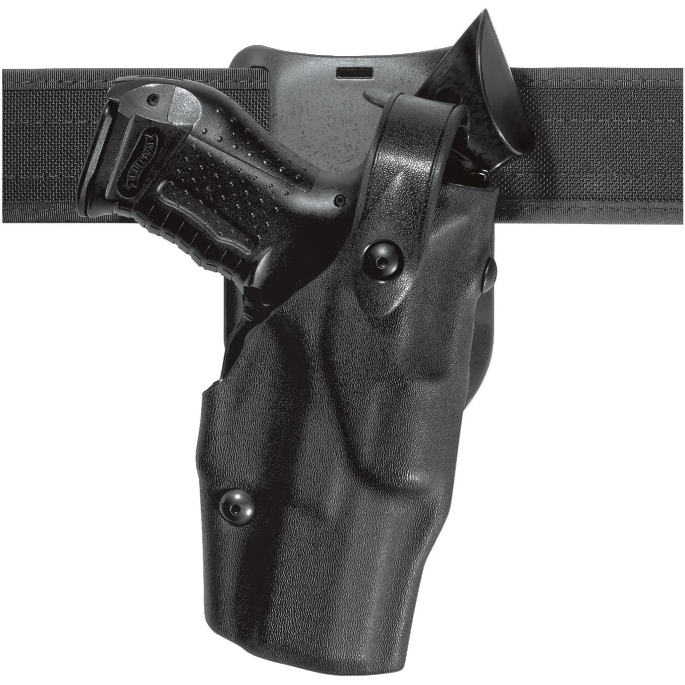 Safariland Model 6365 ALS Low-Ride Holster for Glock 20 mounted on a duty belt, showcasing its Level III Retention design.