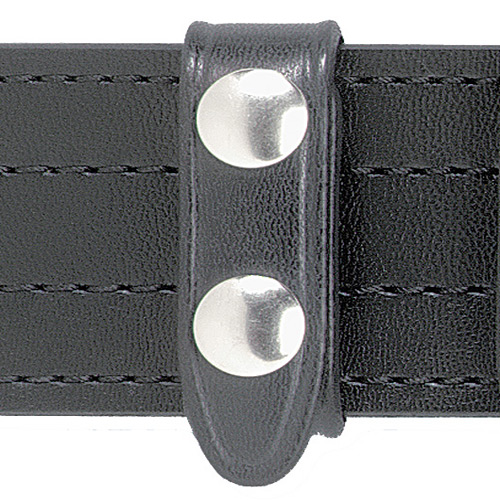 Safariland Model 65 black belt keeper showing two snaps for secure attachment to belts.