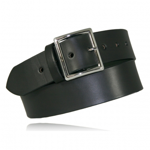 Boston Leather 1 3/4 Garrison Stretch Belt in black with silver buckle, crafted from full grain English Bridle leather.