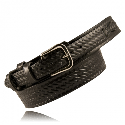 Black woven Boston Leather Ranger Belt with removable buckle, crafted from durable full grain leather.