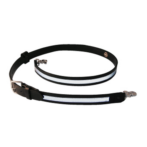 Boston Leather Firefighter's Radio Strap made of heavy-duty leather with reflective accents and positive locking buckle.