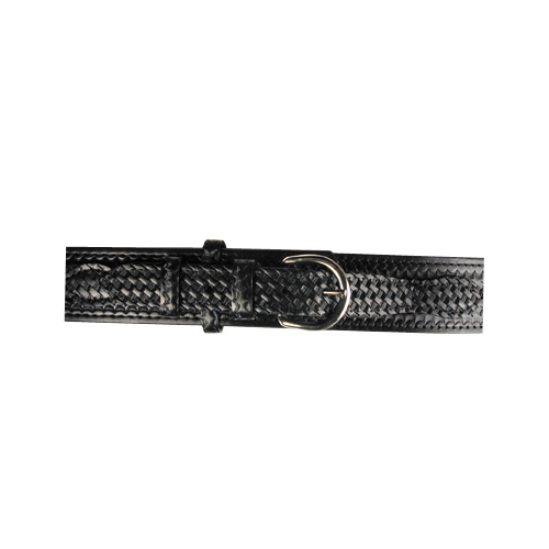 Black woven duty belt with solid brass buckle, designed for durability and style in law enforcement gear.